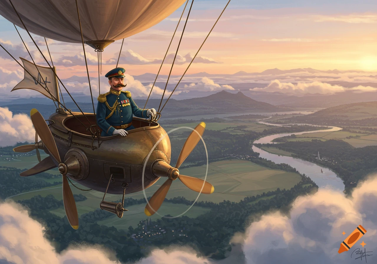 A uniformed, mustachioed man pilots a steampunk airship over a vast, scenic landscape with a winding river and mountains at sunset.