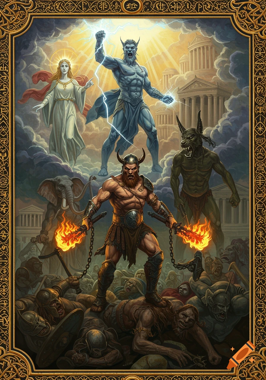 A dramatic Renaissance-style oil painting depicts a thunder god and a haloed figure in the sky, observing a warrior with flaming chained blades standing atop fallen soldiers. The scene is framed by an ornate gold border with decorative Nordic runes.