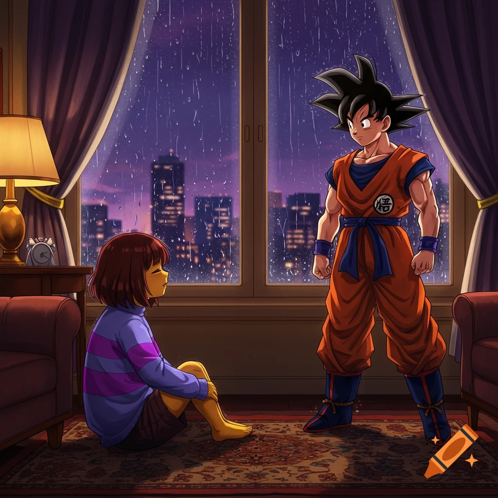 Anime characters Frisk and Goku in a dimly lit hotel room, with rain visible through a large window overlooking a city.