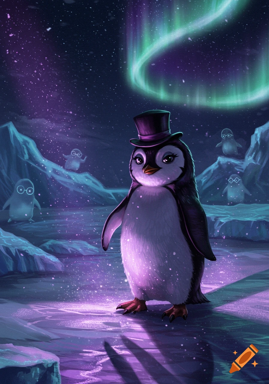 A cute penguin in a top hat stands in a glowing purple arctic landscape under a starry night sky with a green aurora.