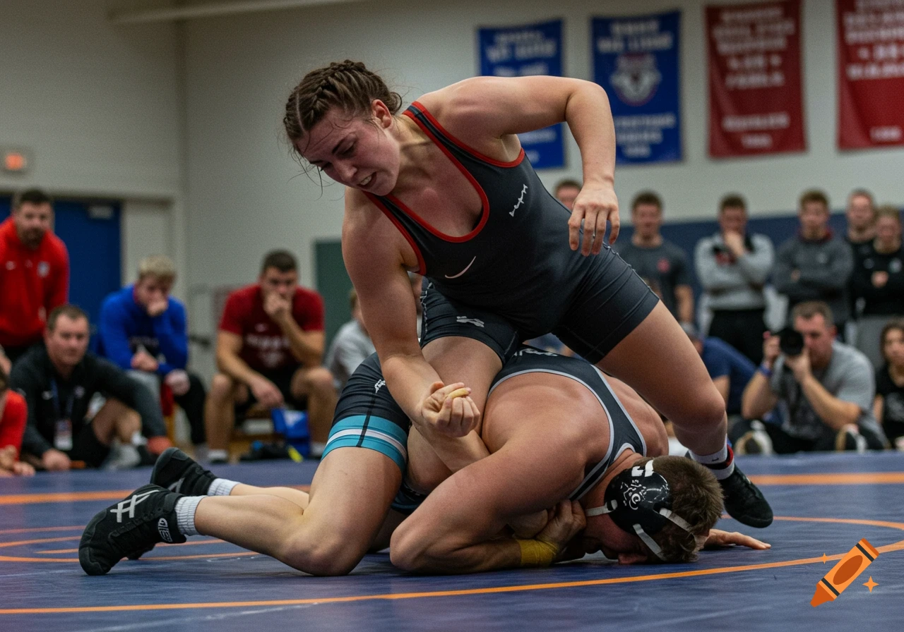 A female wrestler in a dark singlet pins a male opponent on a blue wrestling mat, with spectators watching in the background.