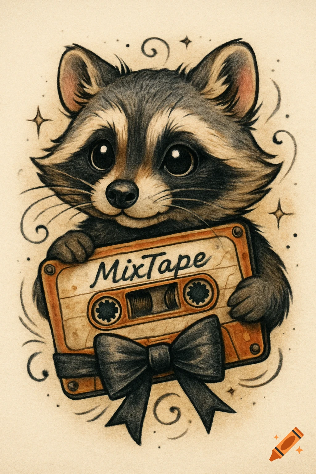 A cute raccoon in a tattoo style holds a cassette tape labeled 'MixTape' with a black bow.