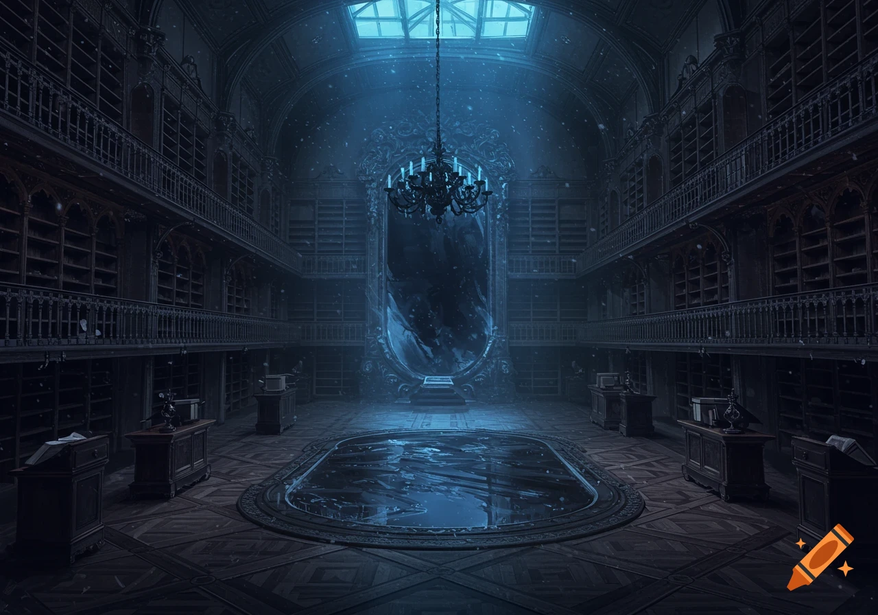 A grand, dark library with towering bookshelves, a central ornate portal mirror, and a glowing pool on the floor.