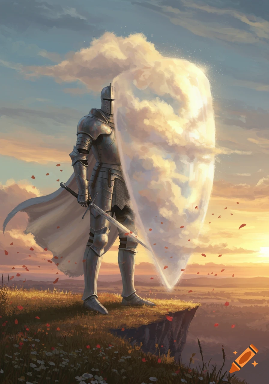 A knight in shining armor stands on a cliff holding a large, luminous cloud shield, with red petals falling against a sunset sky.