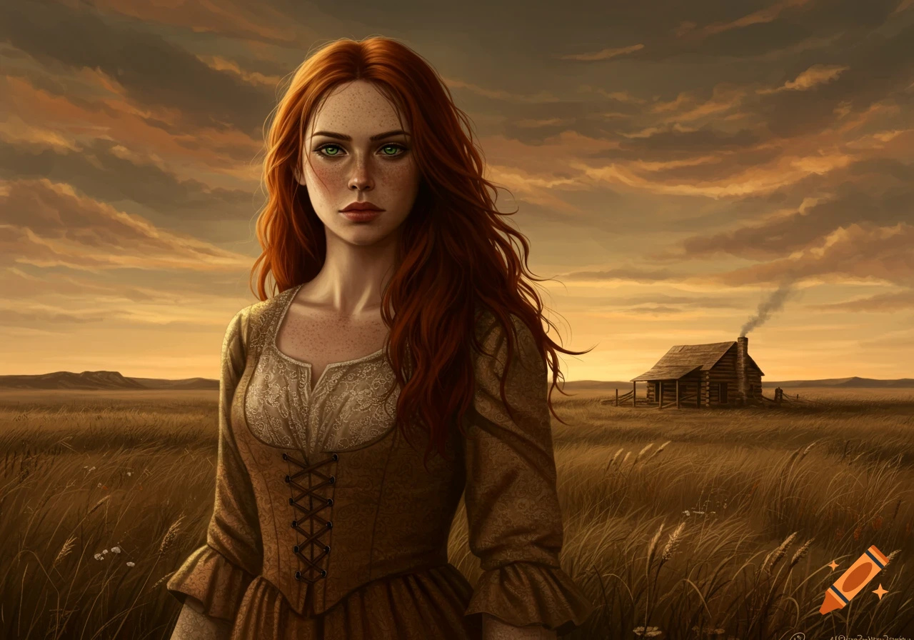 A red-haired woman with green eyes and freckles stands in a field at sunset, with a log cabin in the background, digital painting.
