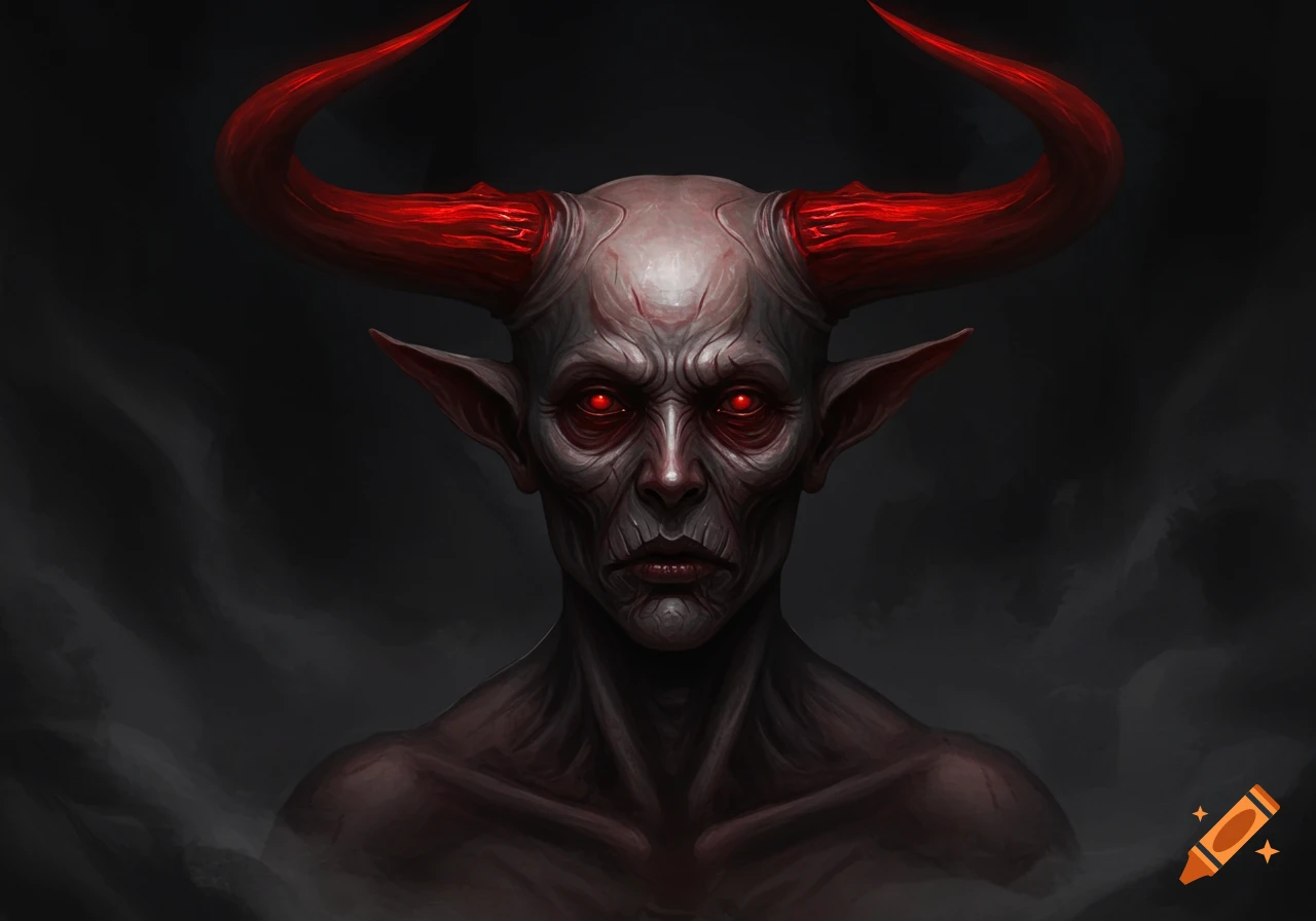 Close-up of a pale, grey-skinned demonic creature with large red horns, pointed ears, and glowing red eyes against a dark, smoky background.