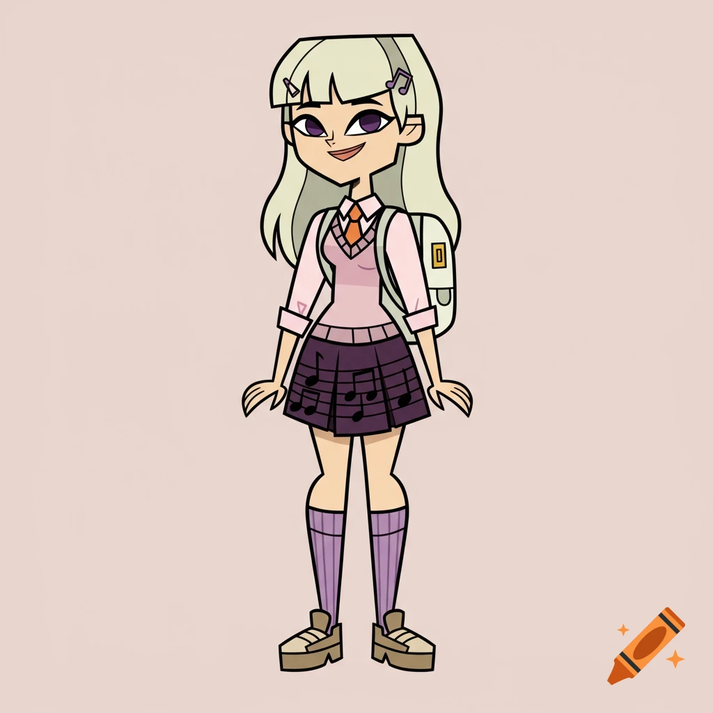 Full-body cartoon girl in Total Drama Island style with ash blonde hair, purple eyes, wearing a school uniform with musical notes, smiling.