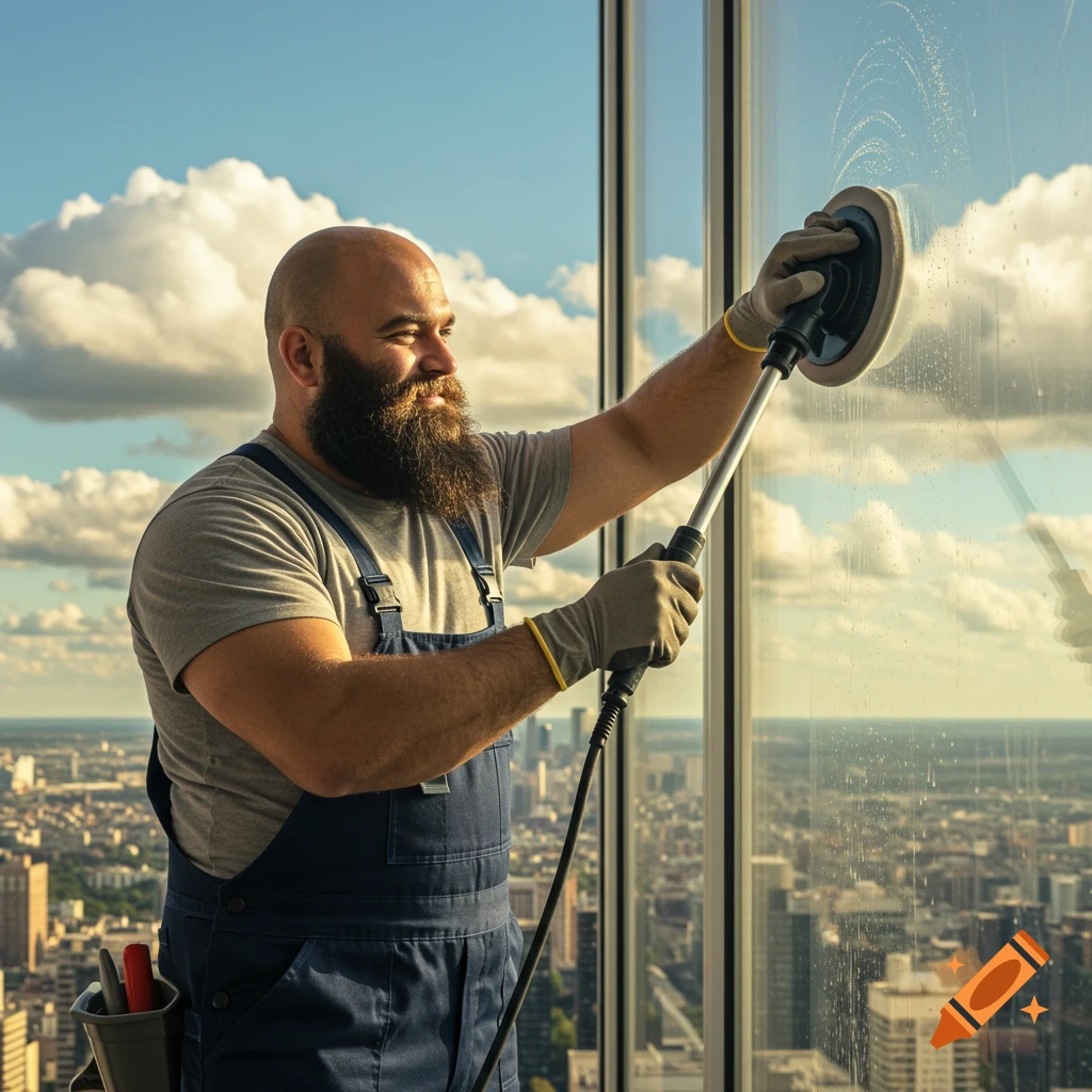 Photorealistic image of a bald, bearded man in blue overalls cleaning a high-rise window with a scrubber, city skyline behind him.