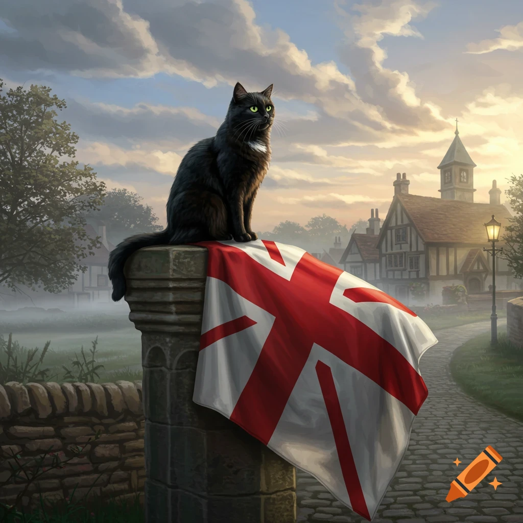 A black cat with green eyes sits on a stone pillar with an English flag draped over it, overlooking a picturesque village at sunrise.