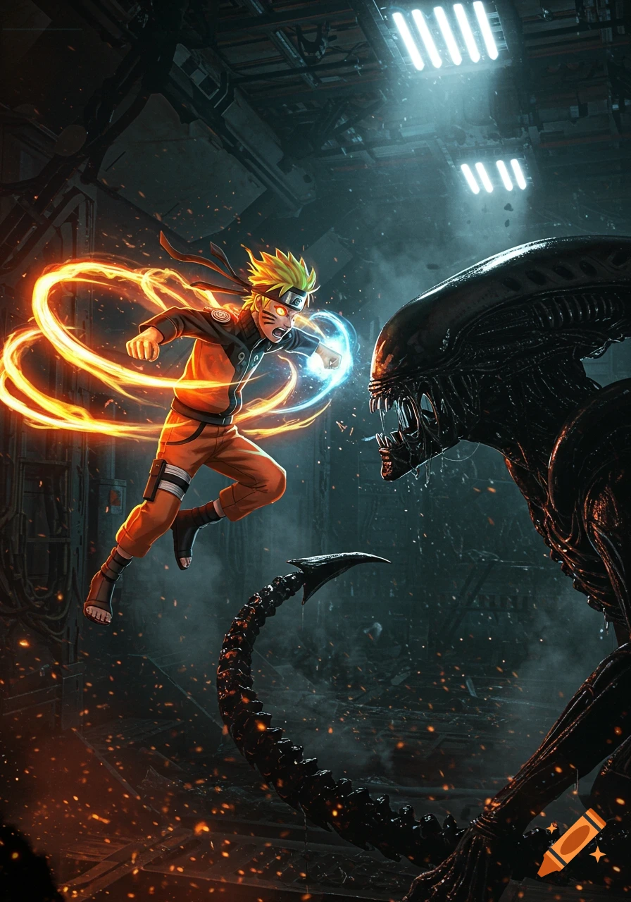 Naruto, surrounded by fiery energy, punches a dark Xenomorph in a sci-fi action illustration.