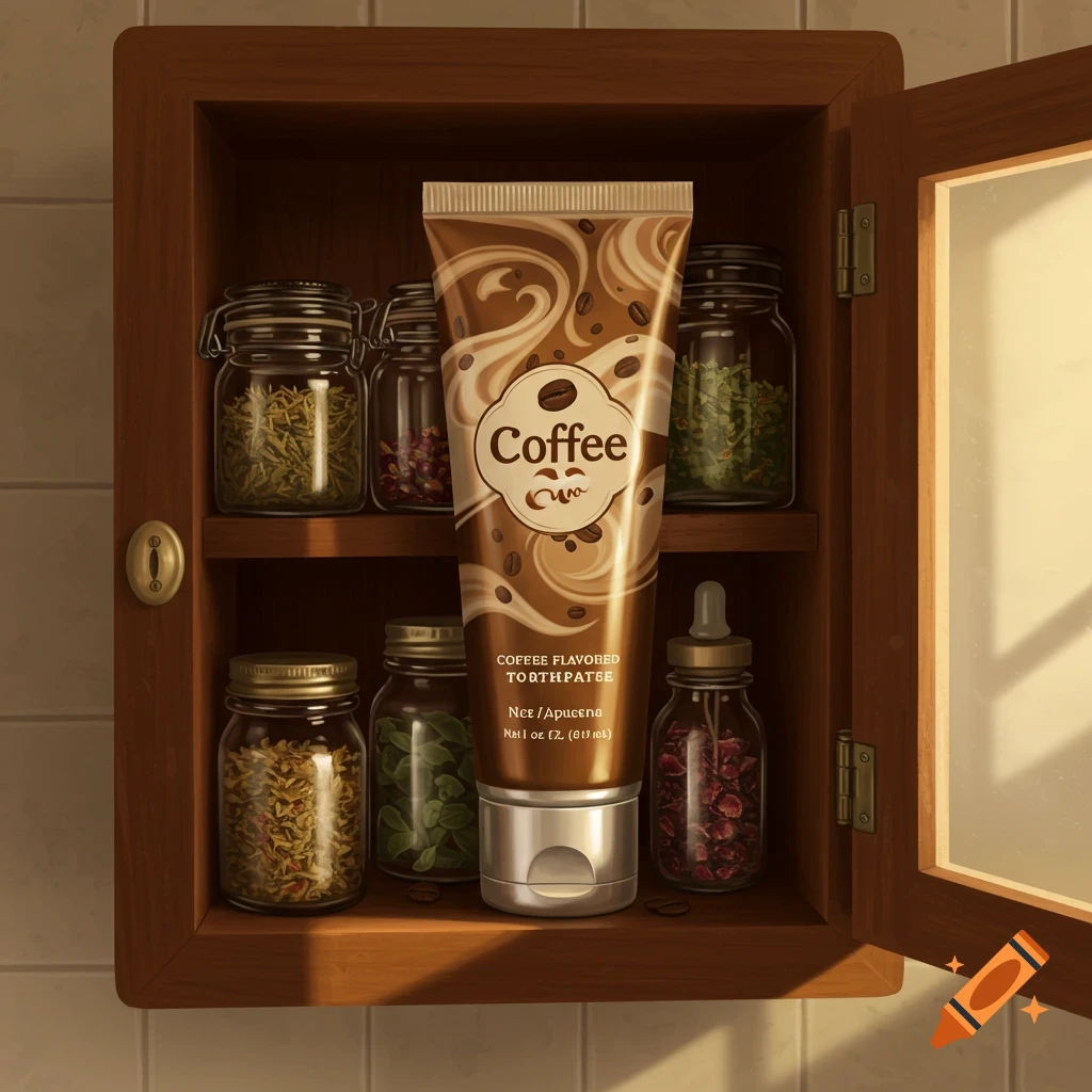 A photorealistic image of an open wooden medicine cabinet filled with glass jars and a large tube of coffee-flavored toothpaste.