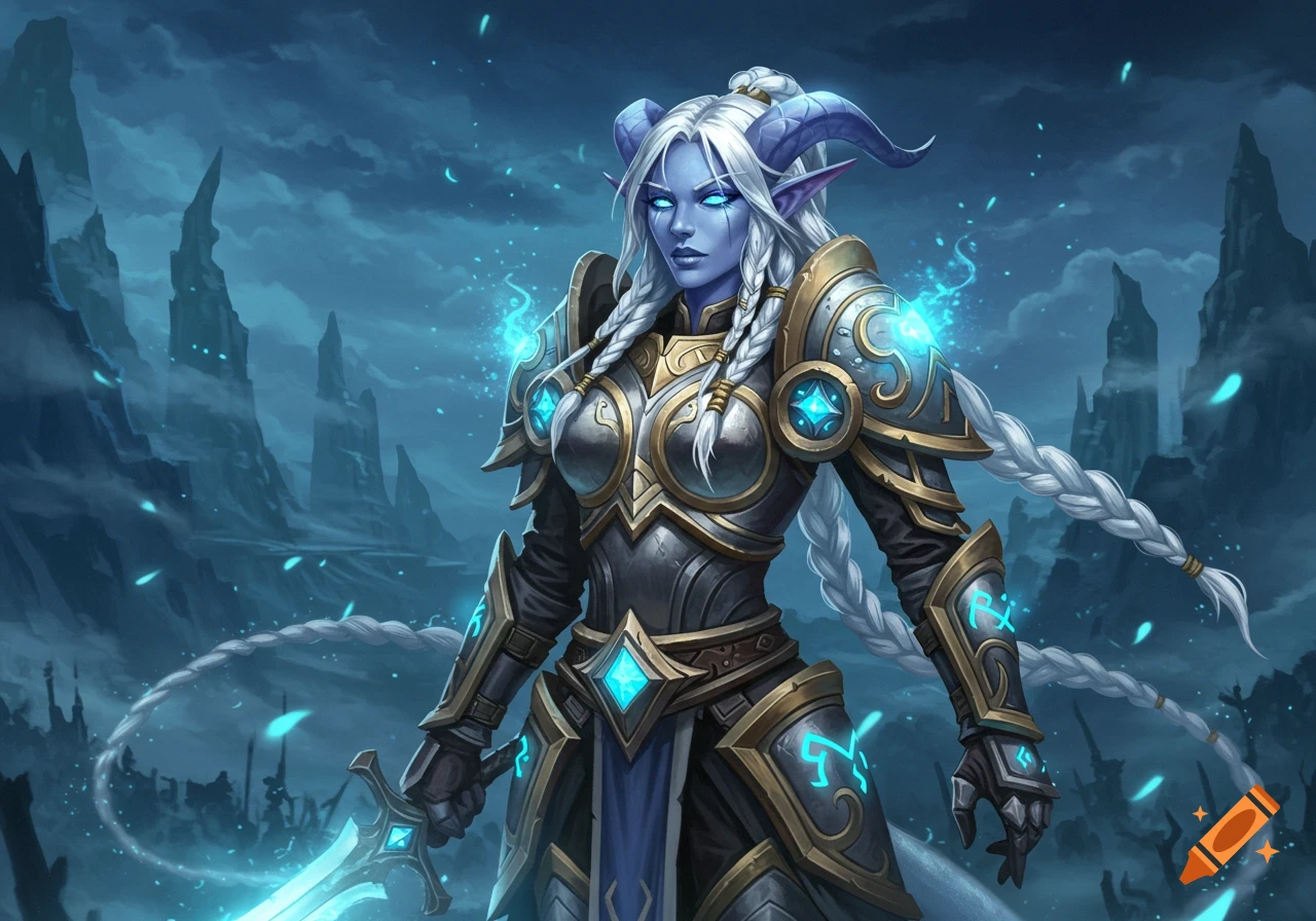 A powerful human female paladin in blue and gold armor holds a glowing ...