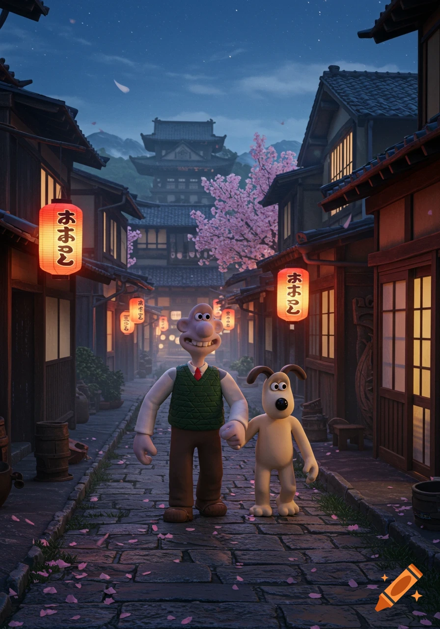 Wallace and Gromit walk hand-in-hand down a cobblestone street in a traditional Japanese town at night, lit by red lanterns and cherry blossoms.