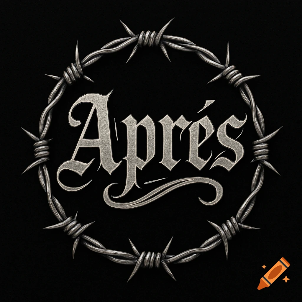 Metallic gothic 'Après' logo surrounded by barbed wire on a black background.