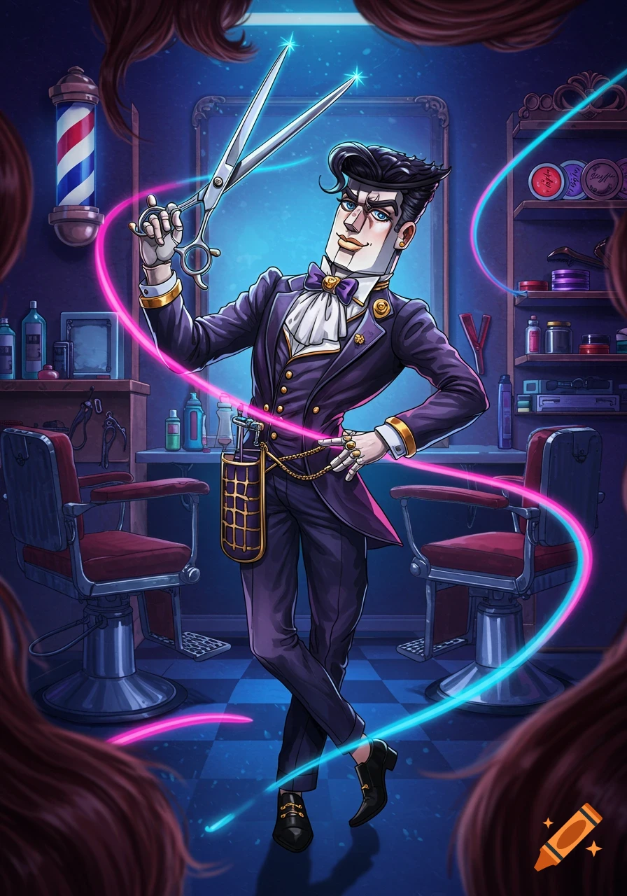 A stylized male character in a purple suit with a bow tie poses with large scissors in a vibrant anime-style barber shop.