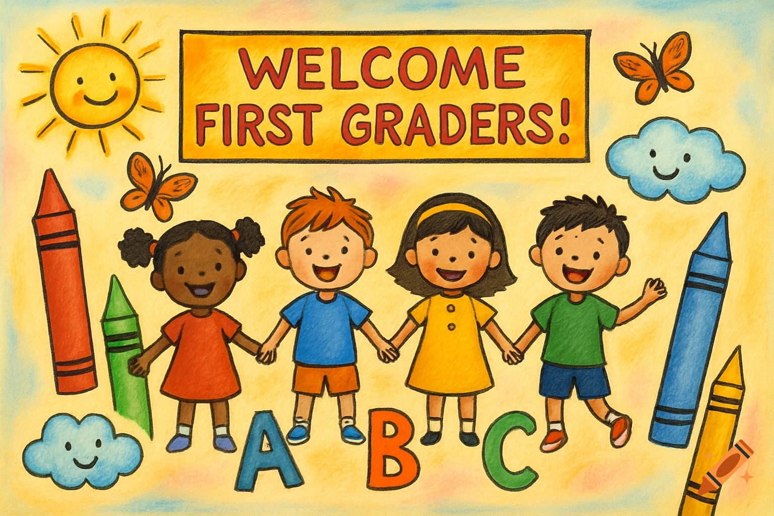 Colorful children's illustration with diverse kids, crayons, and a banner reading 'WELCOME FIRST GRADERS!'