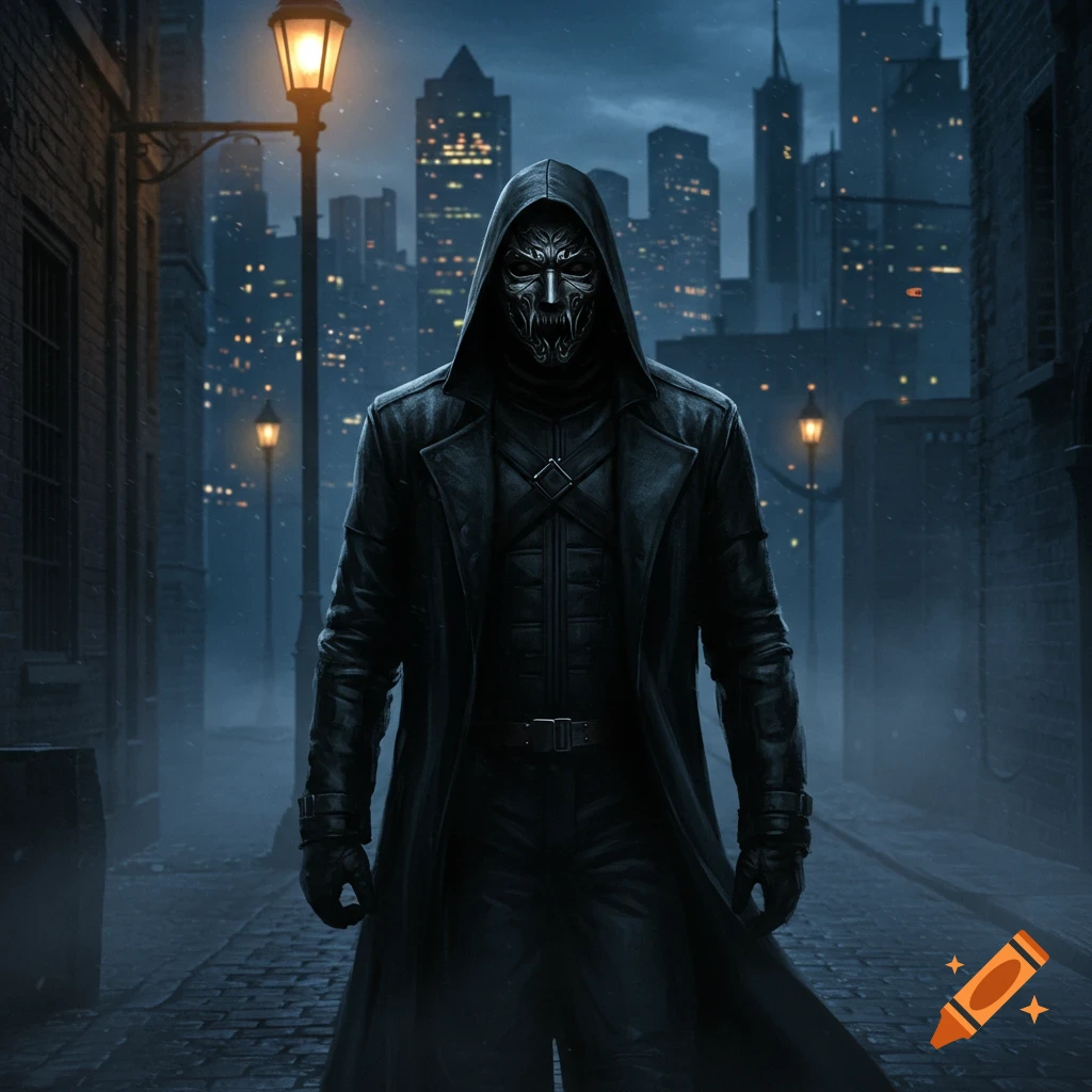 A masked figure in a black hooded trench coat stands in a dark city alley at night, with streetlights and skyscrapers in the background.