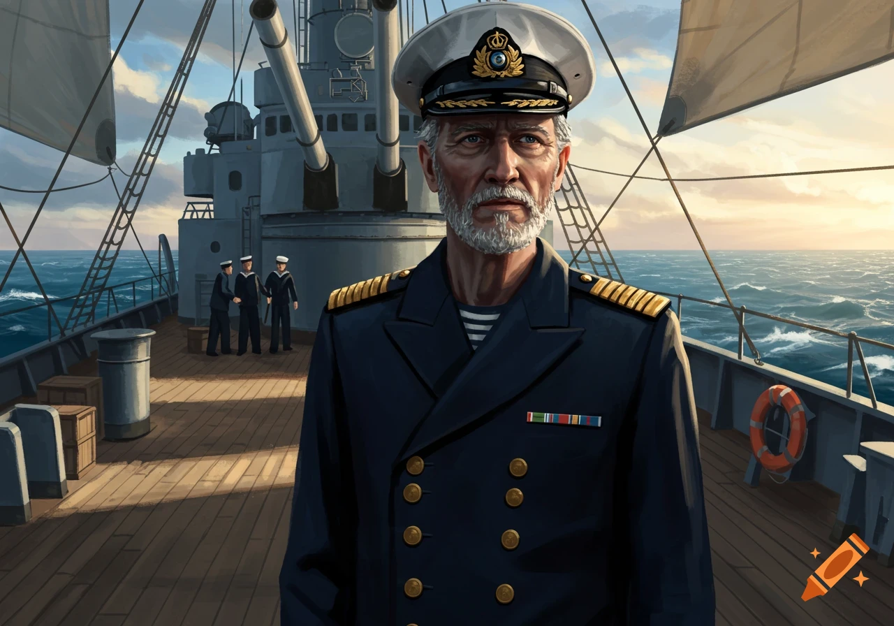 An illustration of a bearded naval captain in uniform standing on a battleship deck at sea.