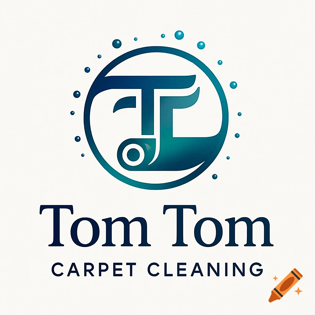 Logo for Tom Tom Carpet Cleaning, featuring a stylized T and a rolled carpet icon in a blue and green circle surrounded by bubbles.