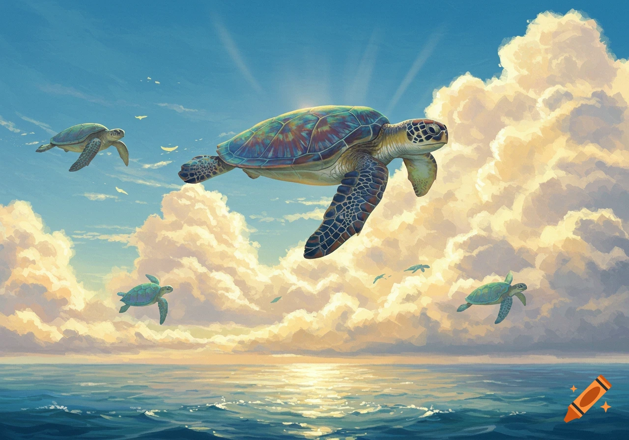 Several sea turtles gracefully fly through a bright, cloudy sky above a sparkling ocean at sunset, in a fantastical art style.