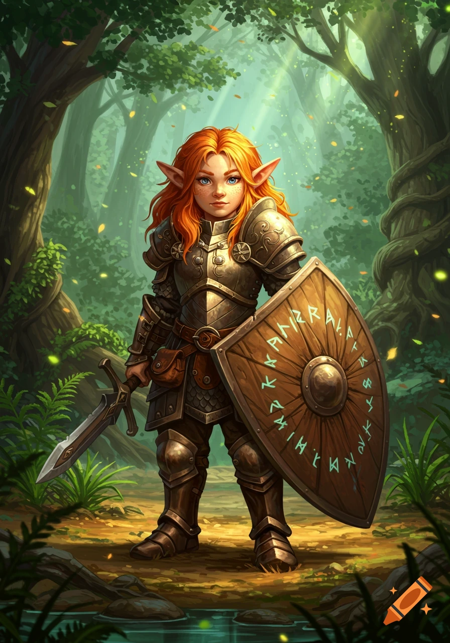A detailed digital painting of a red-haired female forest gnome warrior in heavy armor, holding a sword and large runic shield in a lush forest.