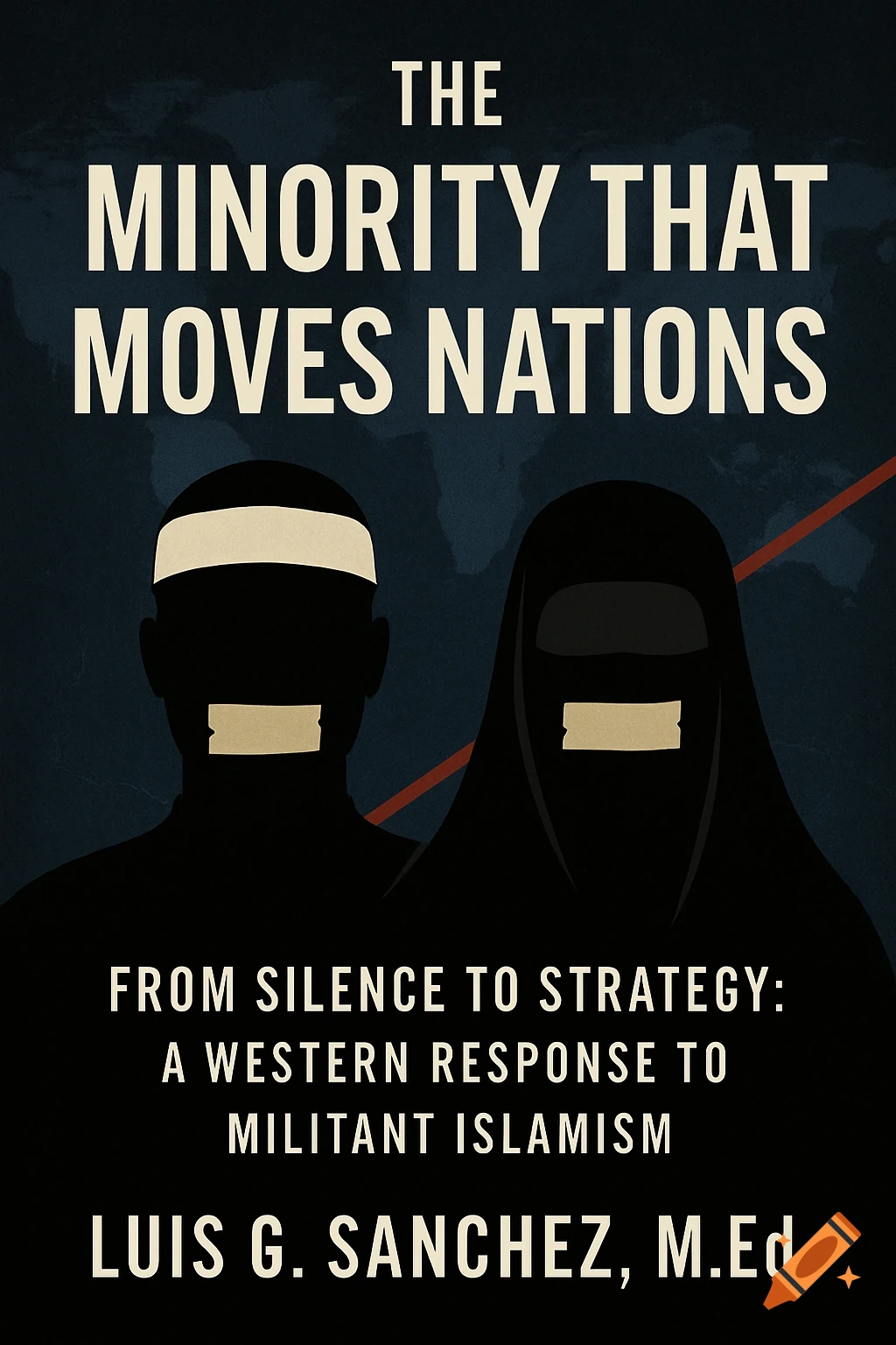 A minimalist book cover featuring black silhouettes of a Muslim man and a woman in a burqa, both with tape over their mouths, against a dark world map background with a red line. Title: 'The Minority That Moves Nations'.