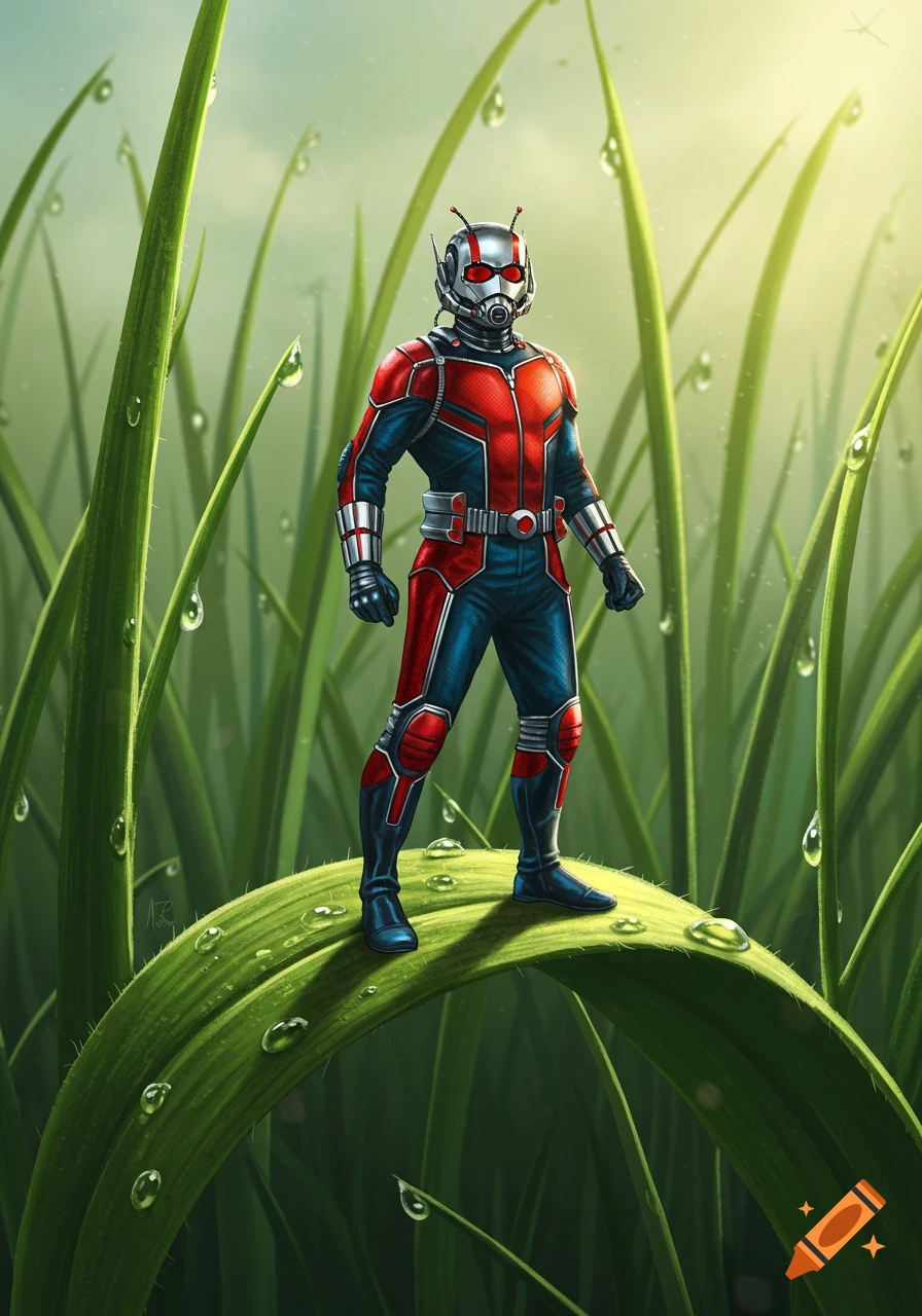 Ant-Man in a red and blue suit stands on a dew-covered blade of grass, with more tall grass in the background.
