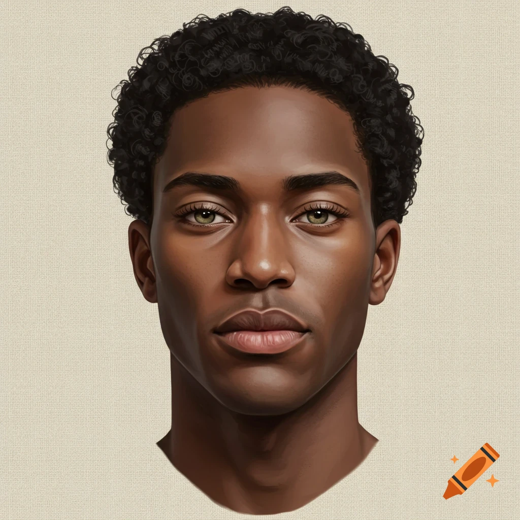 Detailed portrait of a young Black man with dark curly hair and striking green eyes, against a light textured background.