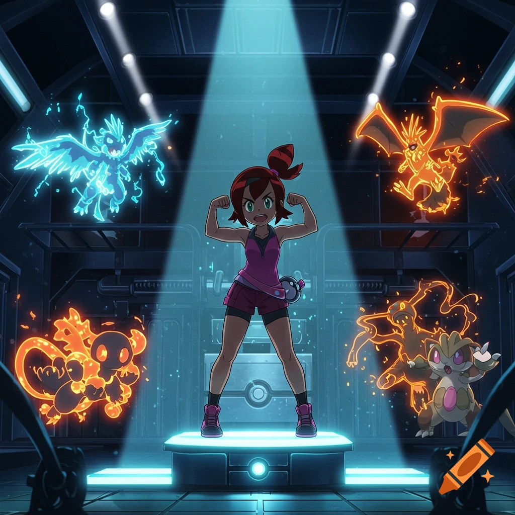 Anime girl Molly from Pok avmon flexing in a dark gym, surrounded by four glowing, elemental Pok avmon.