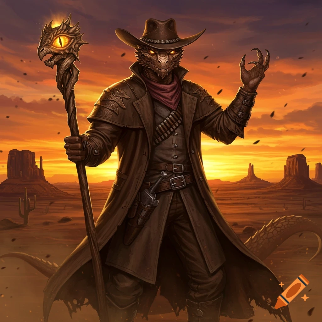 A draconic western warlock in a duster coat and hat, holding a dragon-headed staff, in a desert at sunset.