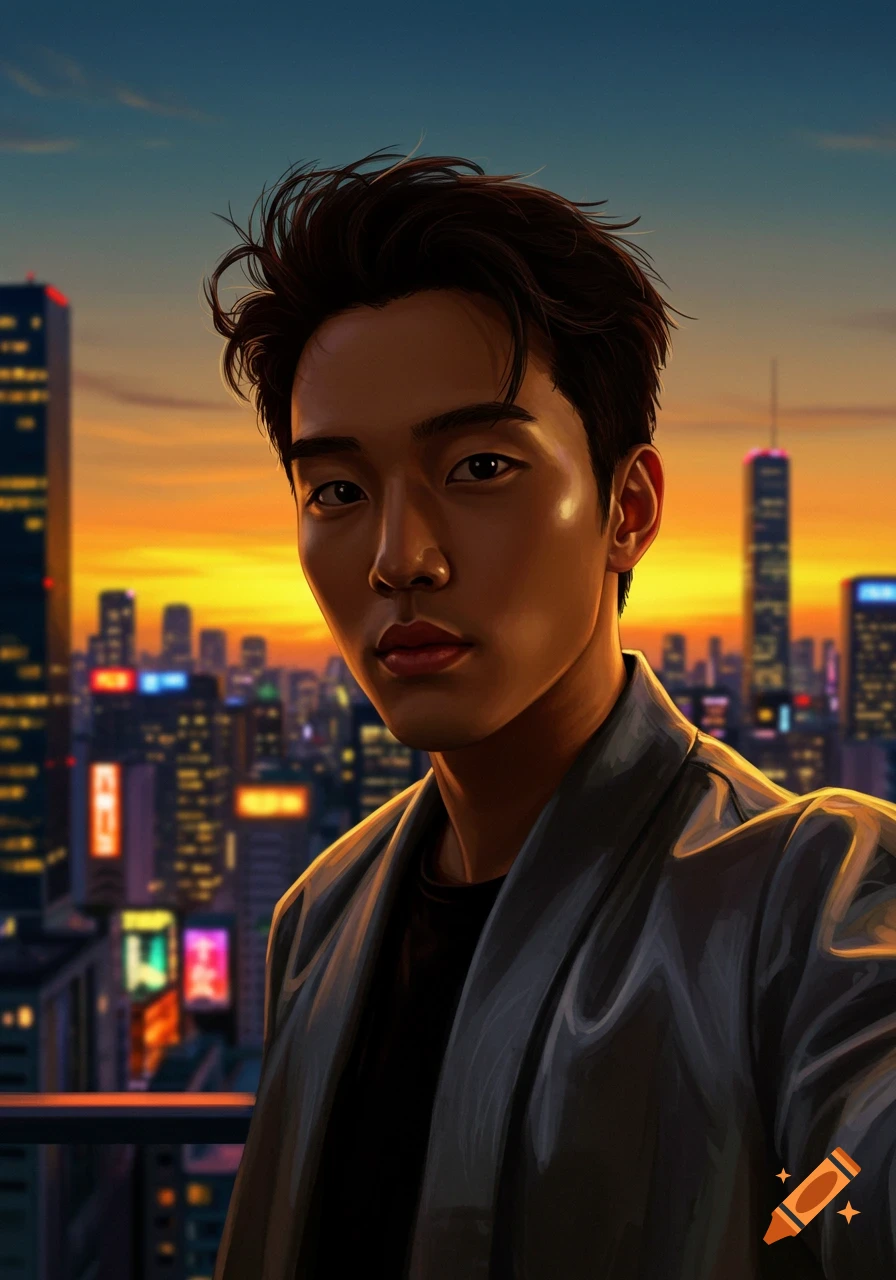 Digital art portrait of an Asian man taking a selfie against a vibrant city skyline at sunset.