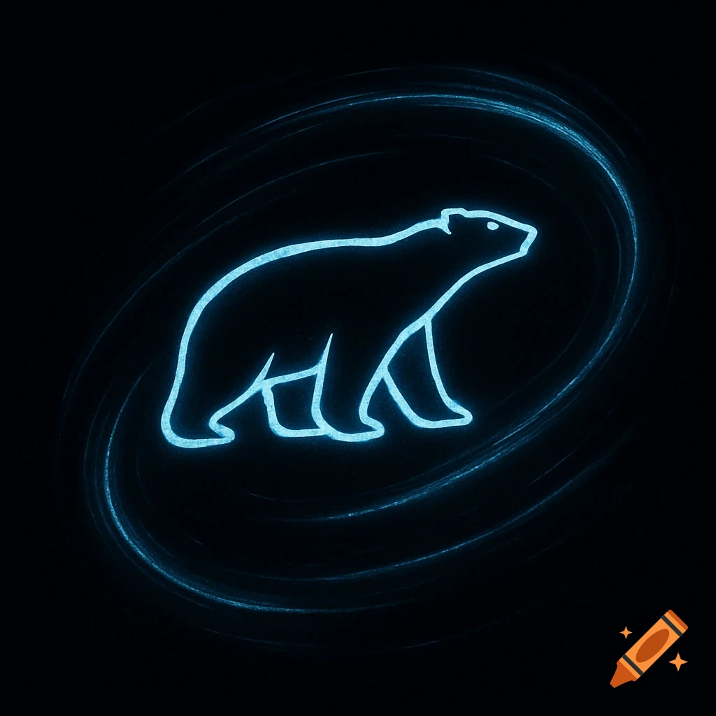 A glowing blue outline of a polar bear standing, set against a dark background with subtle blue swirling light effects.