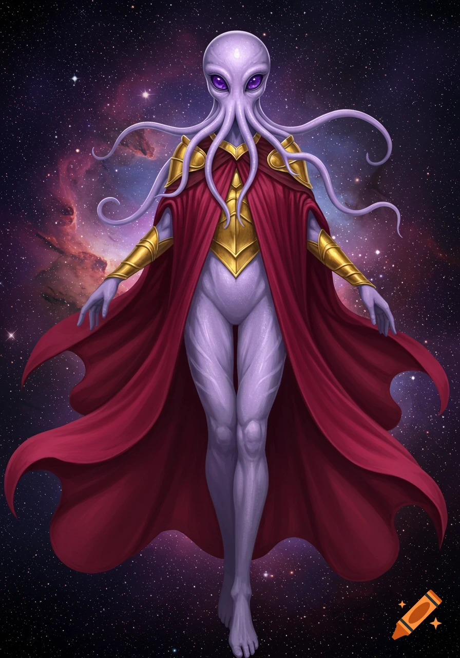 Lavender-skinned alien with tentacle hair, purple eyes, red cloak, and gold armor floats in space with a nebula.