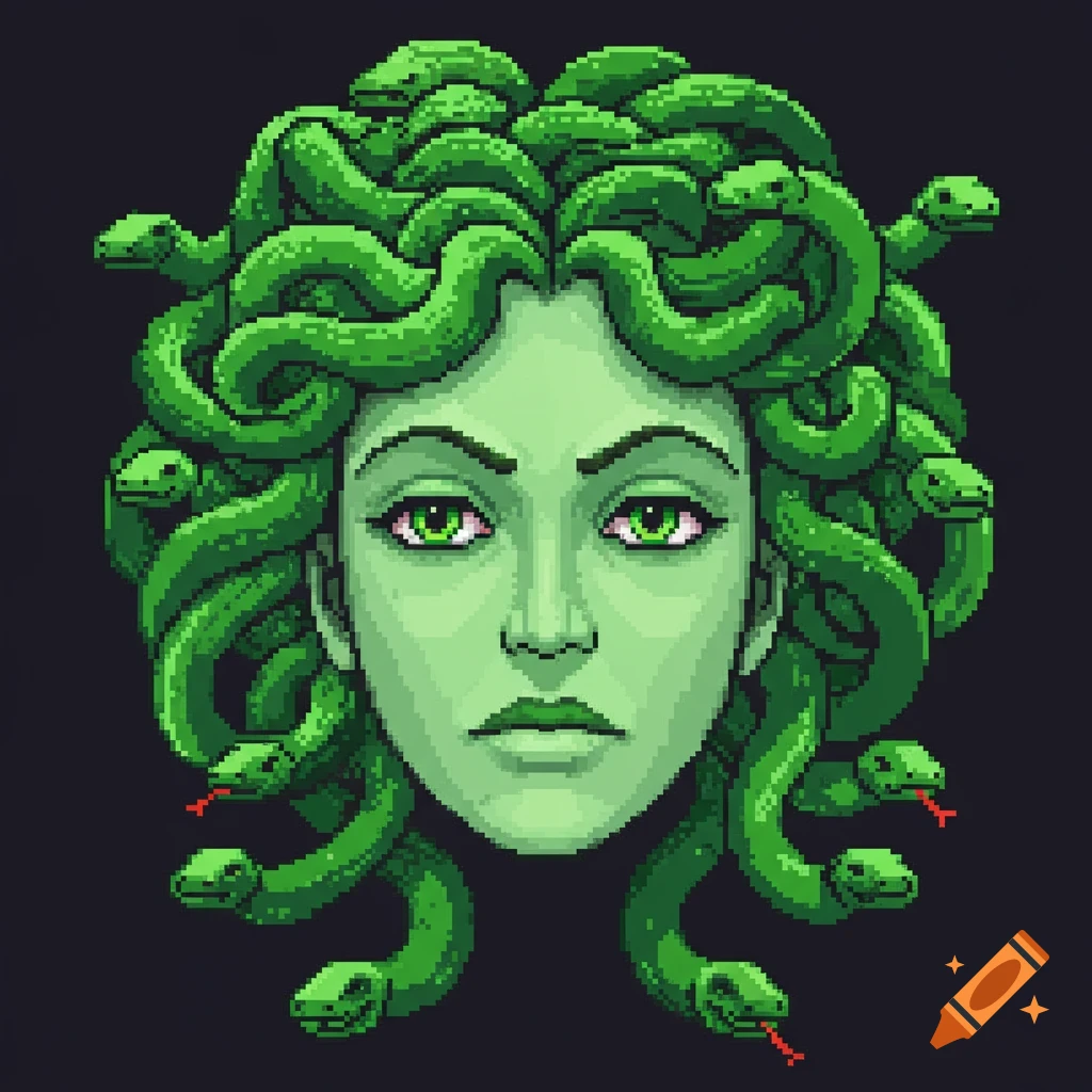 Pixel art portrait of Medusa's head with a pale green face and numerous green snakes for hair against a dark background.
