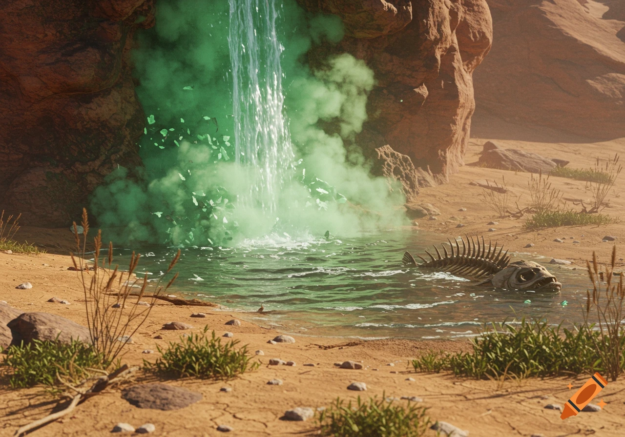 A vibrant green waterfall cascades into a desert pool, where a fish skeleton rests in the toxic-looking water.