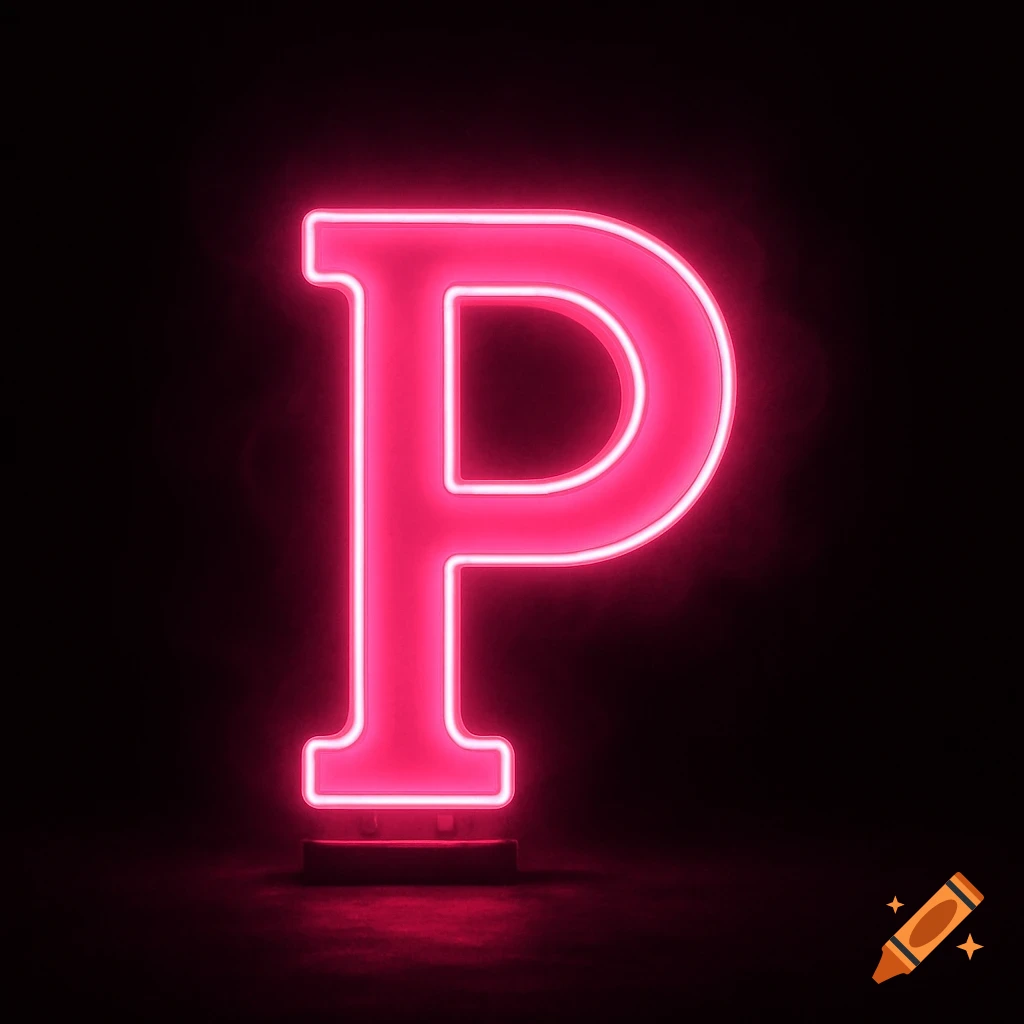 A vibrant pink neon sign shaped like the letter P stands against a dark black background, casting a soft glow.