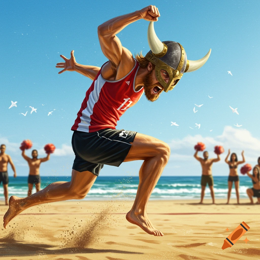 A muscular man in a Viking helmet and sportswear sprints on a beach, sand kicking up, with people cheering in the background by the ocean.