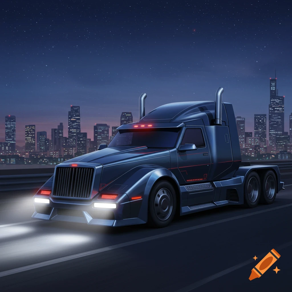 A sleek, dark futuristic semi-truck with glowing headlights drives on a highway at night, with a city skyline in the background.