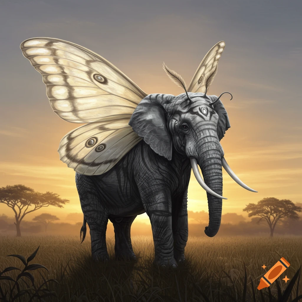 Elephant with large butterfly wings and tribal markings stands in a savanna at sunset.