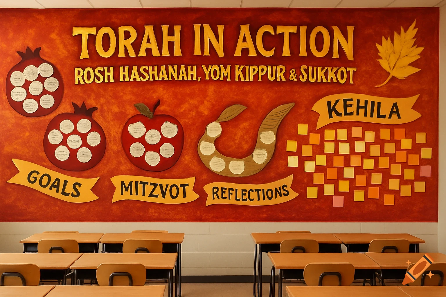 A colorful classroom wall display titled "Torah in Action: Rosh Hashanah, Yom Kippur & Sukkot", above rows of empty desks.