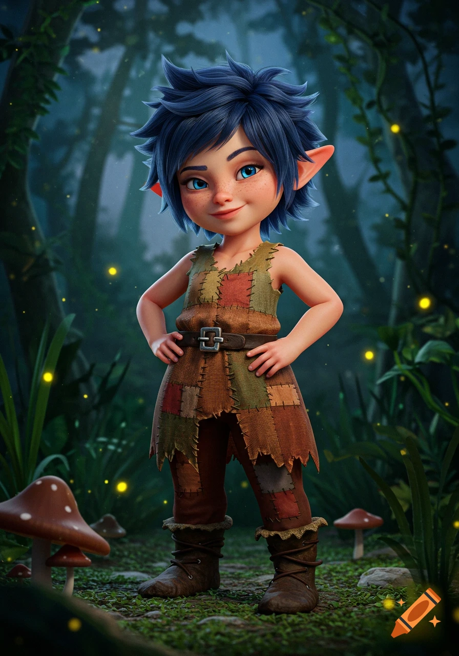 A cute 3D animated gnome child with spiky blue hair and large ears smiles, wearing a patchwork tunic in a glowing forest.