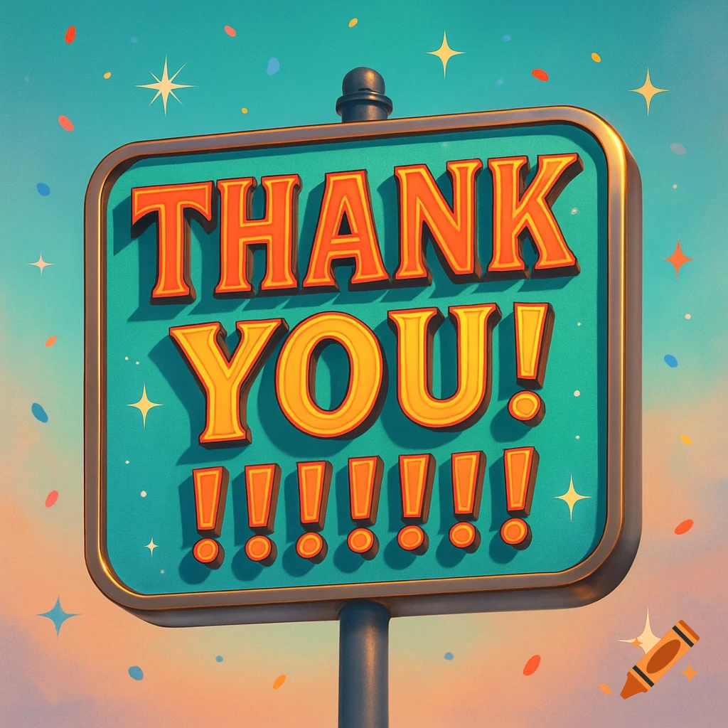 A vibrant, cartoonish sign with orange text saying "THANK YOU!" and multiple exclamation marks against a blue and pink sky with stars and confetti.