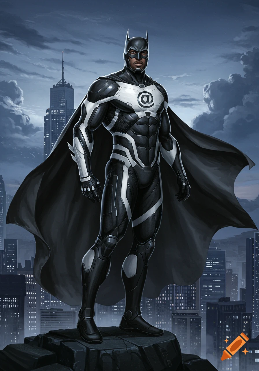A dark-skinned superhero in a black and white tech suit with a Batman-like mask and cape, an @ symbol on his chest, stands on a city rooftop.