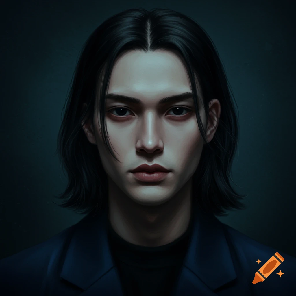 A semi-realistic digital art portrait of a young person with long, dark hair and dark eyes, wearing a dark jacket against a dark blue background.