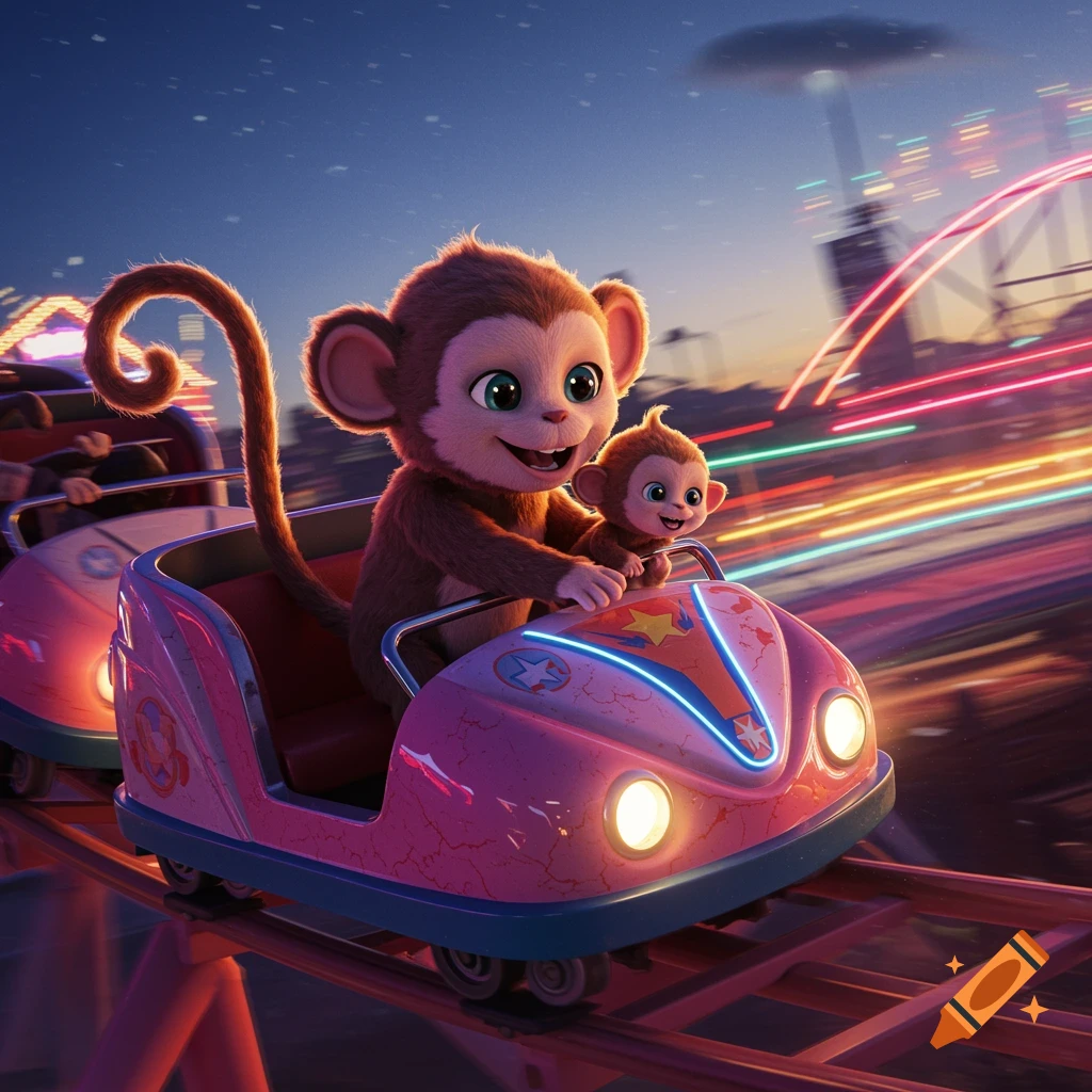 Two cute cartoon monkeys, one larger and one smaller, joyfully ride a pink rollercoaster car at night, surrounded by city lights and motion blur.