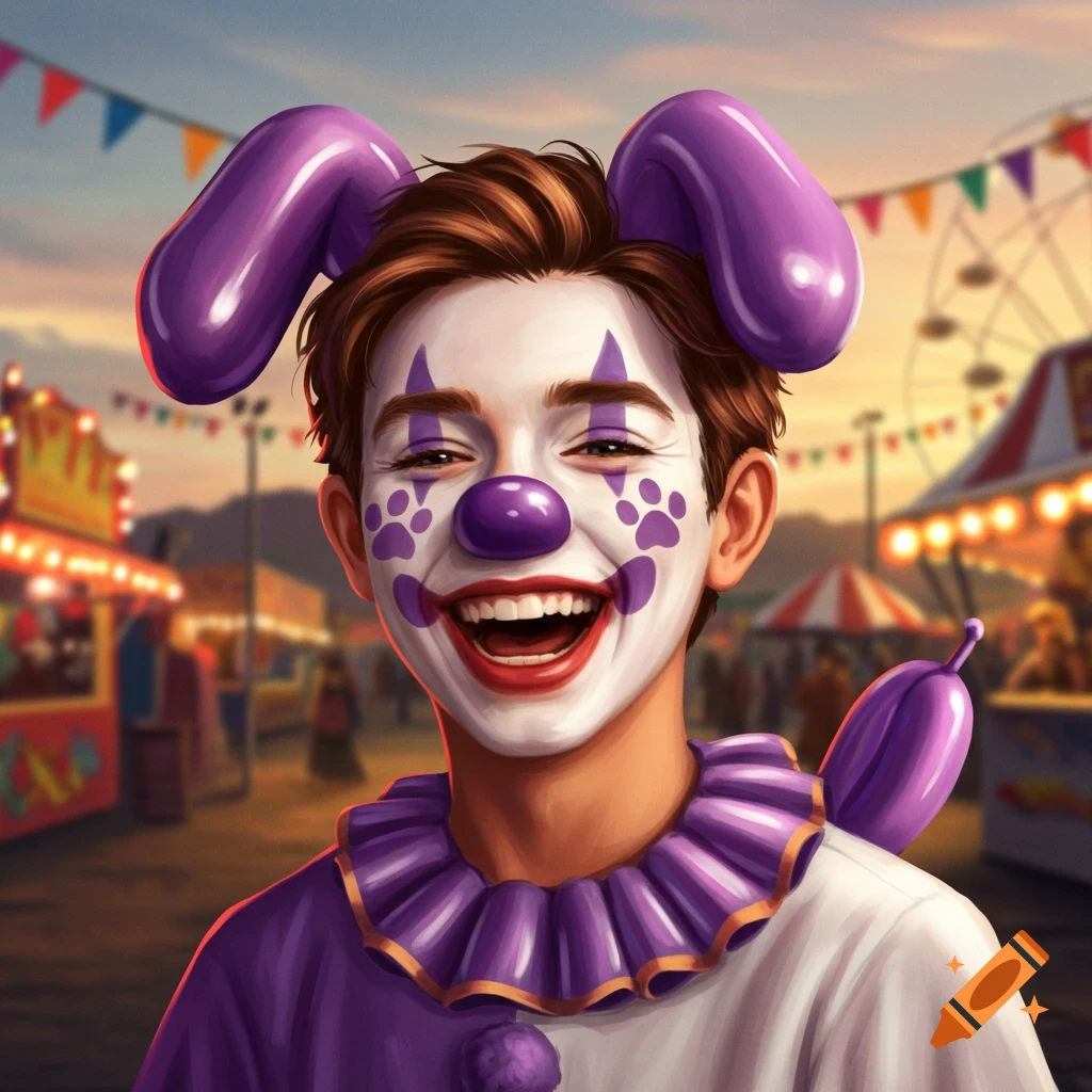 A laughing teen boy in purple and white clown makeup with balloon dog ears and a ruffled collar at a fairground. Digital art style.
