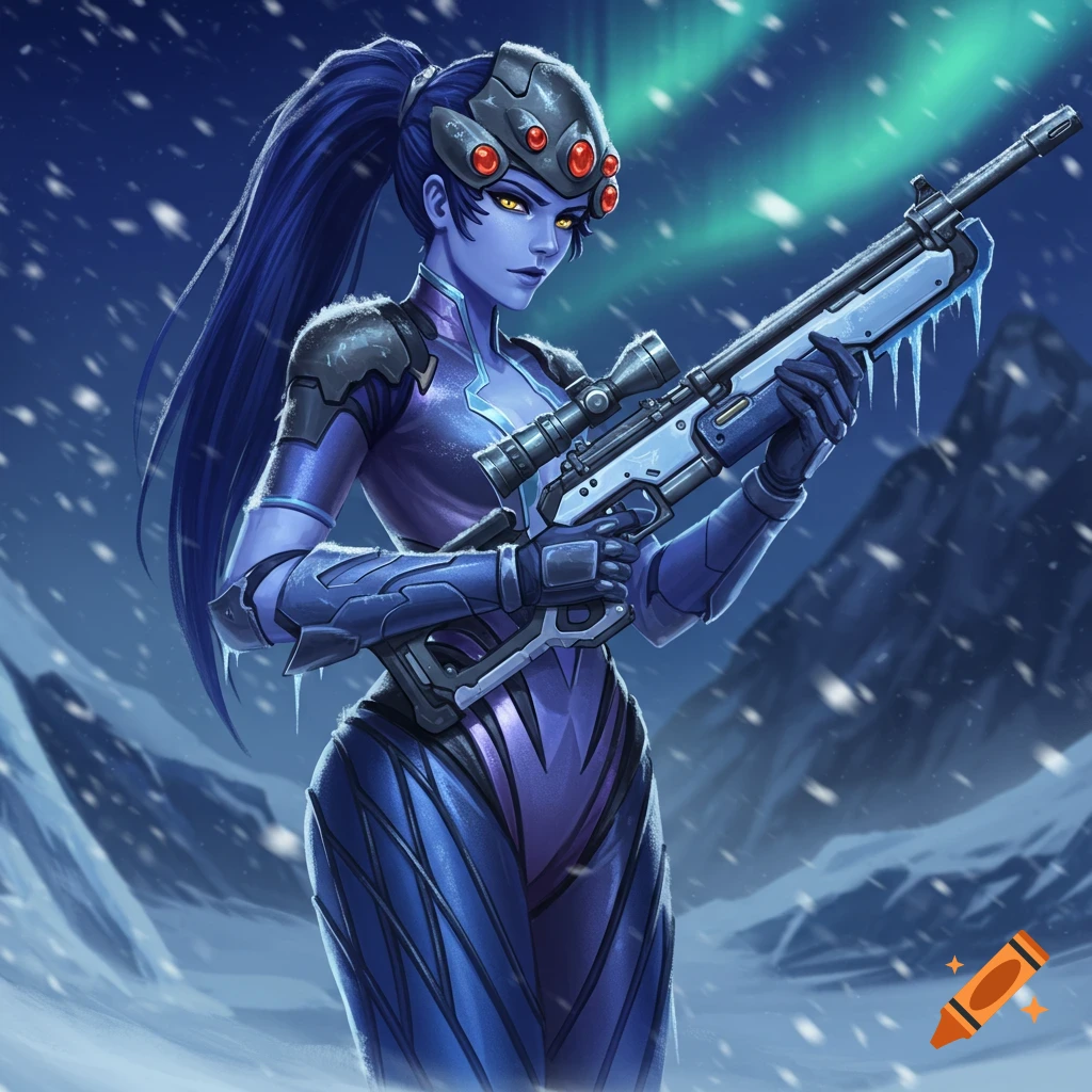 Digital art of Widowmaker from Overwatch in a snowy mountain landscape with aurora borealis, holding a sniper rifle.