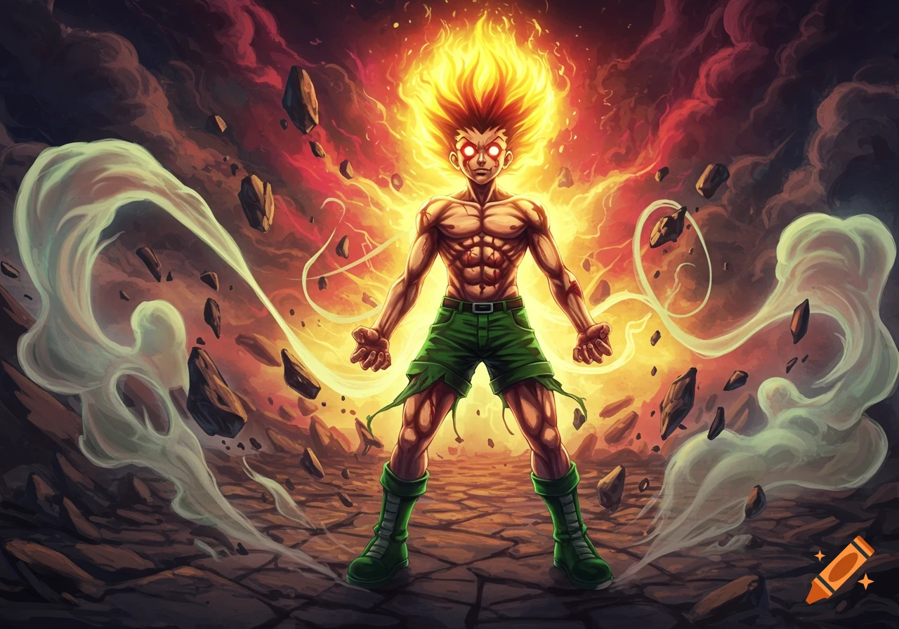 Adult Gon from Hunter x Hunter, empowered with fiery hair and glowing red eyes, stands muscular amidst floating debris and a vibrant, destructive aura.