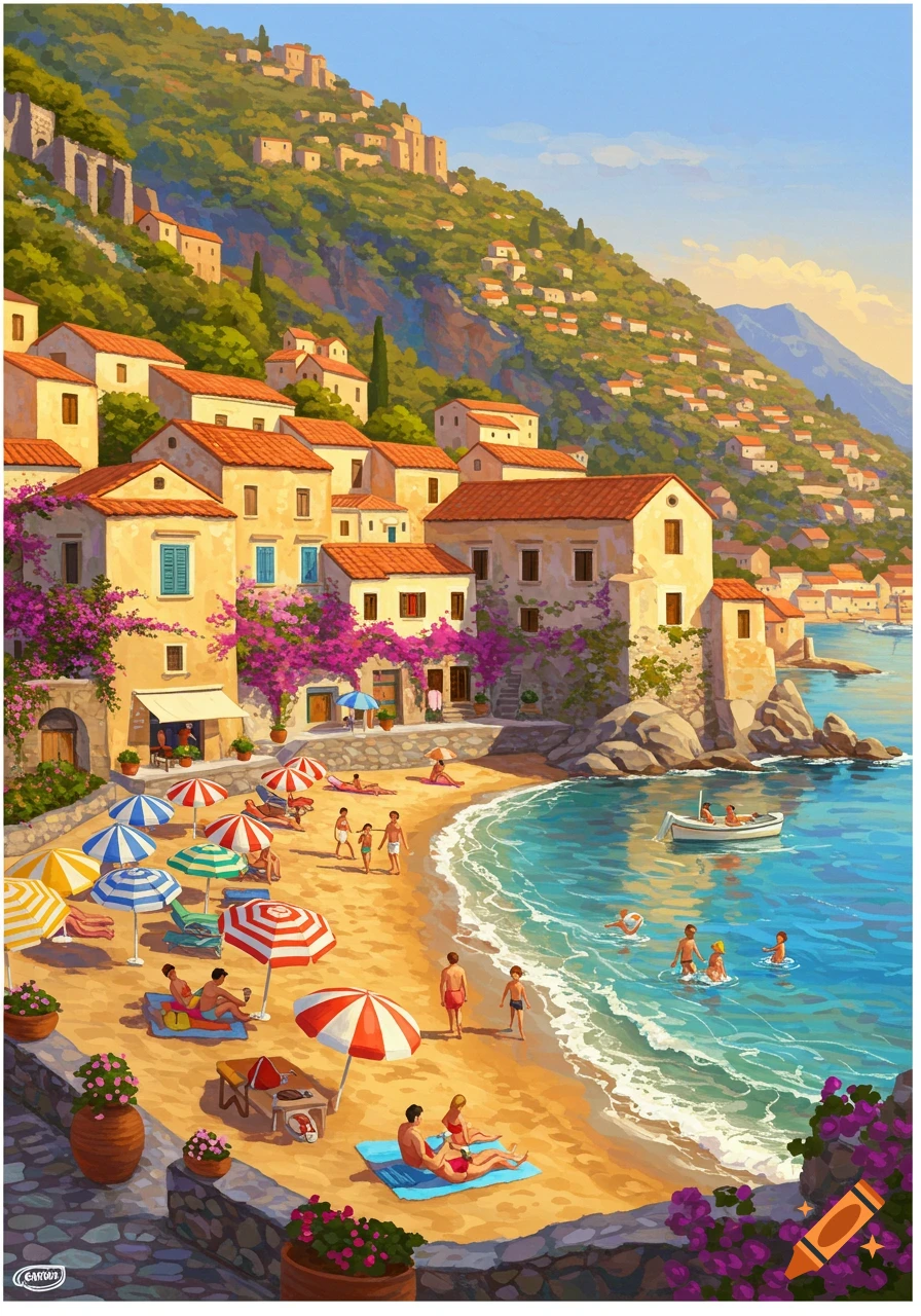 A vibrant illustration of a bustling Mediterranean beach town with people swimming and relaxing on the sand under colorful umbrellas.