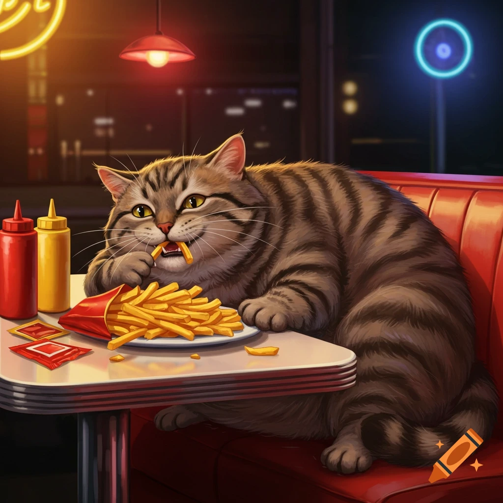 An overweight tabby cat happily eating french fries at a diner booth, with ketchup and mustard bottles on the table. Illustrated style.